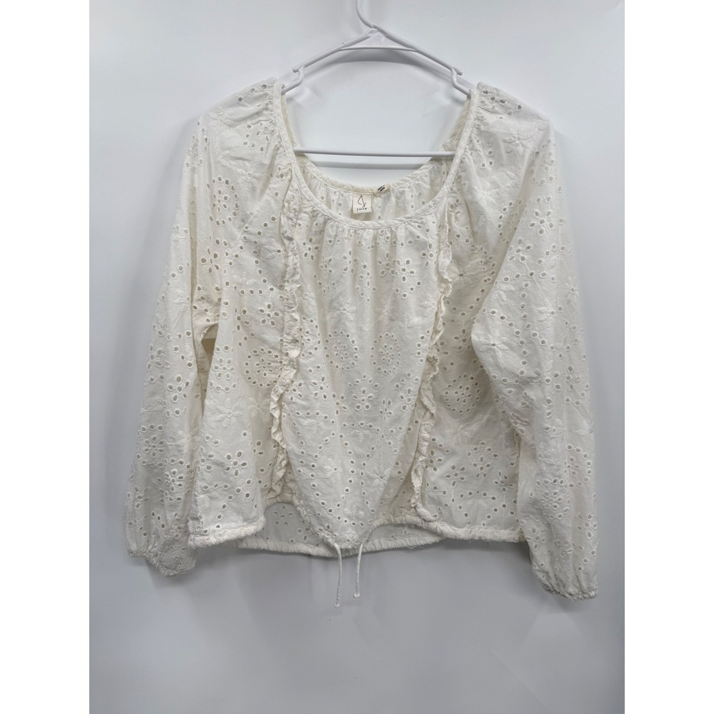 Joie Large Eyelet Blouse Womens White Ruffle Drawstring Hem Cotton Long Sleeve